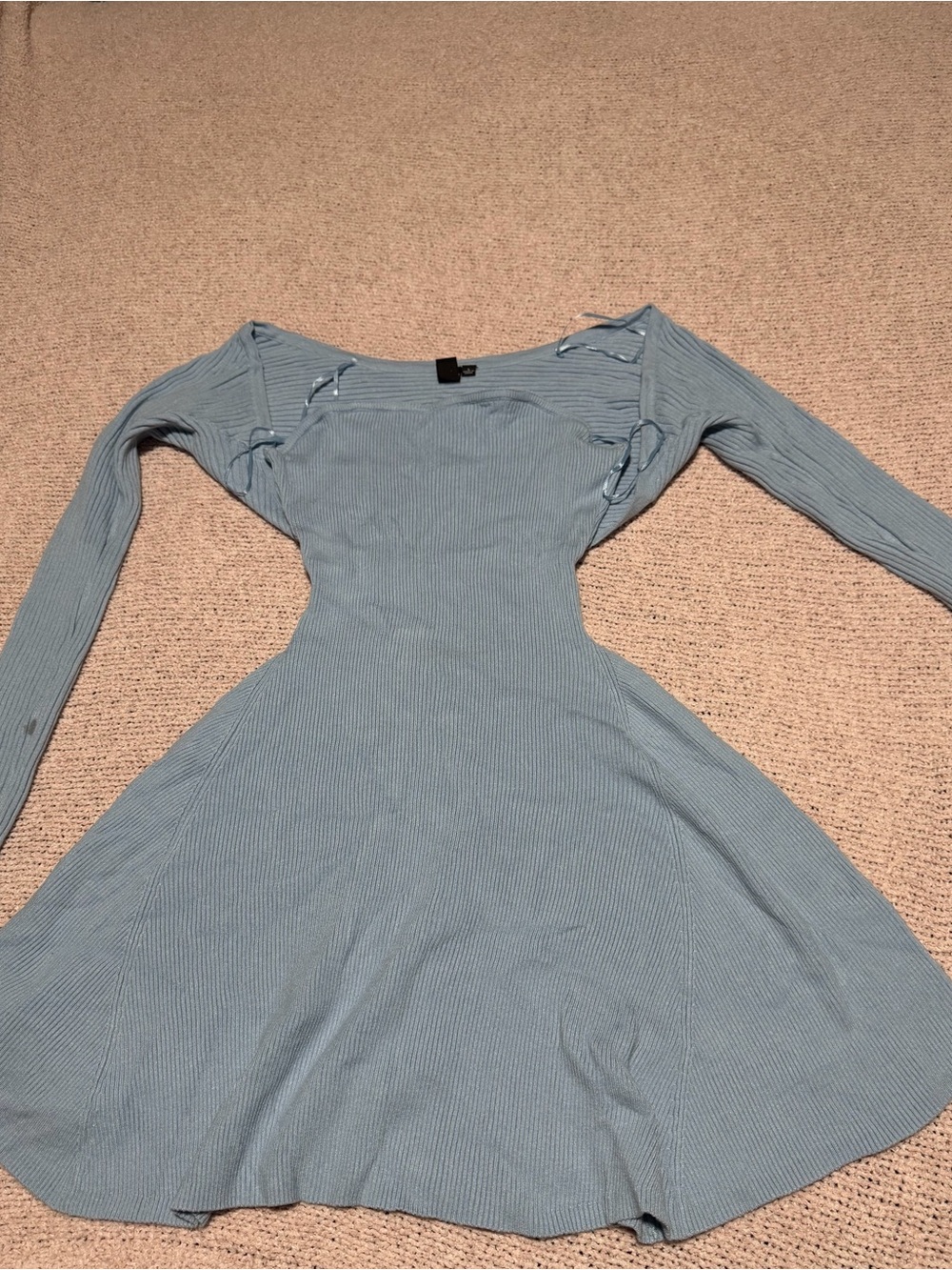 Windsor Light Blue Long Sleeve Ribbed Fit-and-Flare Dress